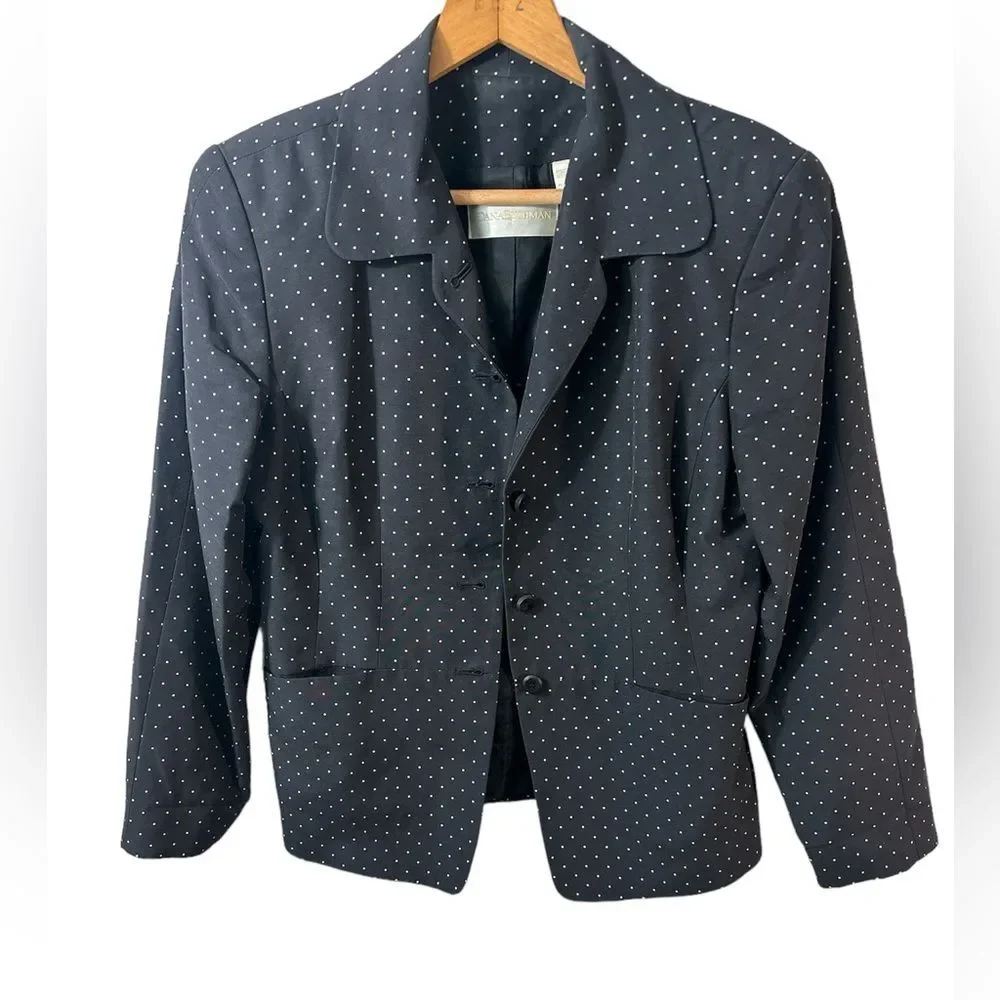 Dana Buchman black ivory polka dot 3 button blazer size large. career office